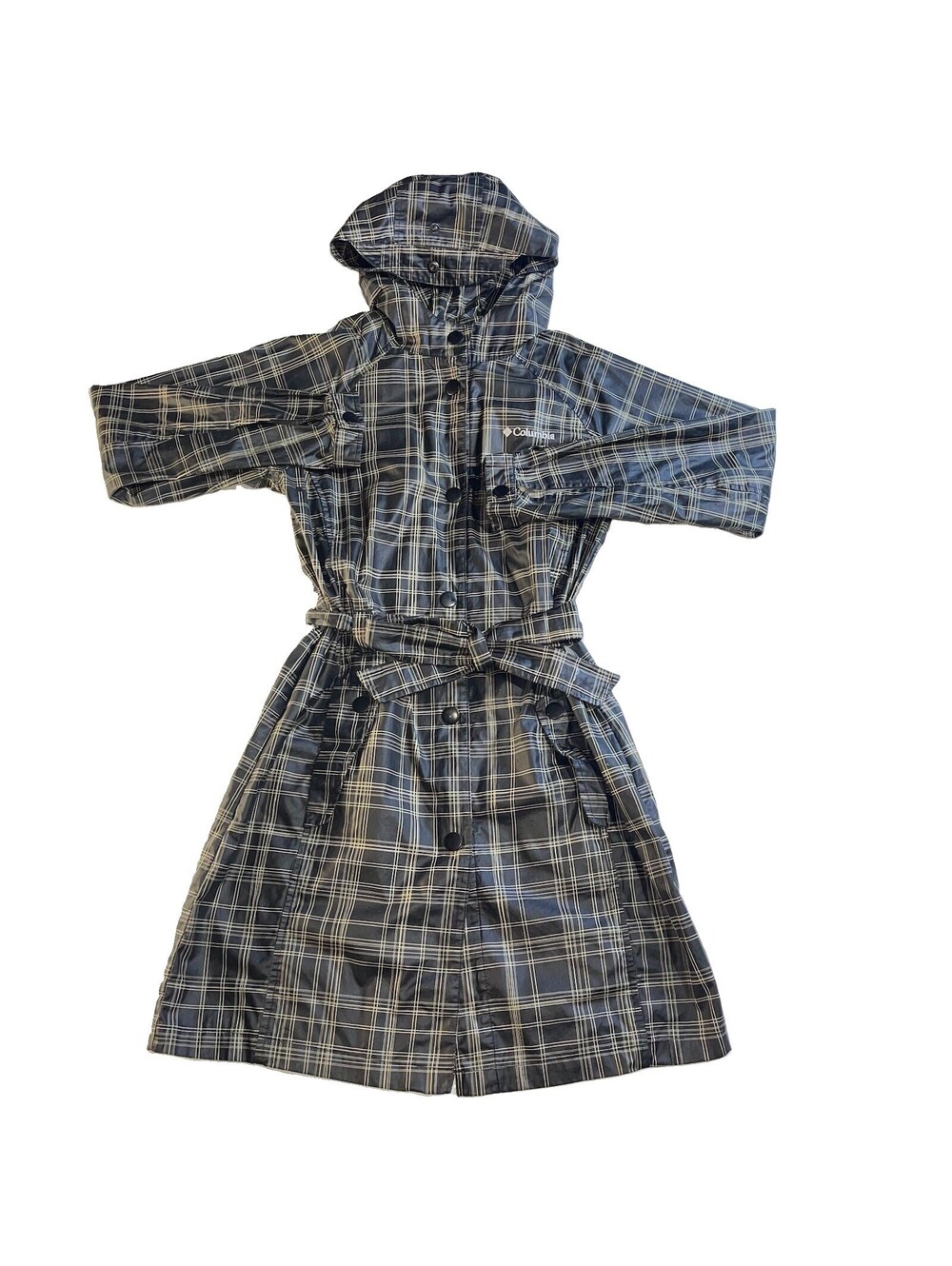 Columbia Sportswear Women’s XS Plaid Hooded Rain Trench Coat Belted Black Gray